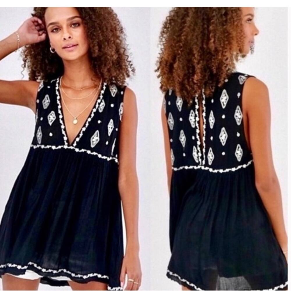 Free People Black and White Embroidered Blouse